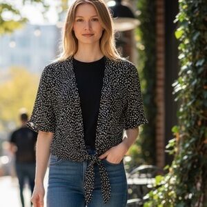 #134 Dynamite Black and White Patterned Tie-Front Blouse